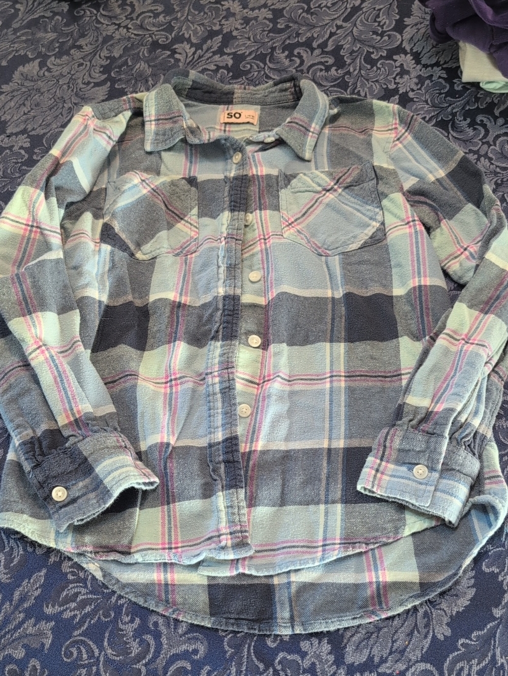 SO Kids Plaid Button-Down Shirt - Blue, Mint & Pink